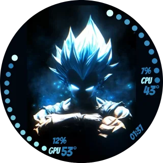 Vegeta NZXT Kraken LCD GIF screen featuring Super Saiyan Blue Vegeta with cyan arc gauges for CPU and GPU temperature and a blue digital clock