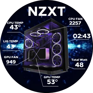 Graphic Monitor NZXT Kraken LCD GIF screen showing a PC build background with CPU and GPU temperature, fan speeds, and total wattage readings