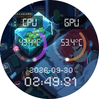 Night Girl NZXT Kraken LCD clock screen with pixel art of a girl asleep at her desk, temperature arcs and a pixel clock