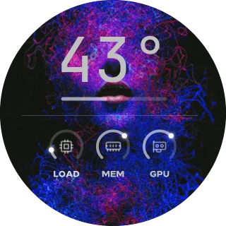 PD1 NZXT Kraken LCD GIF screen with a blue and purple particle face, a large CPU temperature and three ring gauges