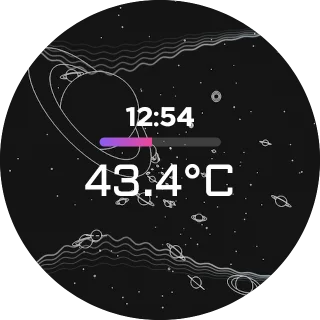 STAR NZXT Kraken LCD GIF screen with a black and white drawing of outer space with planets and stars, a purple CPU temperature bar, and a clock