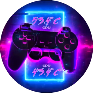 Gamepad NZXT Kraken LCD screen with a neon pink and blue game controller and italic CPU and GPU temperatures