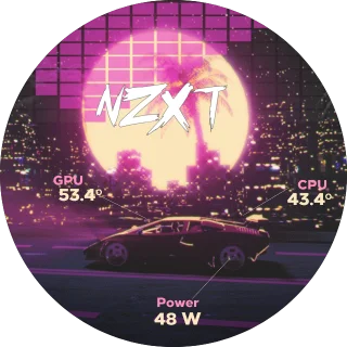 Car NZXT Kraken LCD GIF screen with a synthwave sunset, retro sports car and palm tree, NZXT logo and CPU and GPU temperature callouts