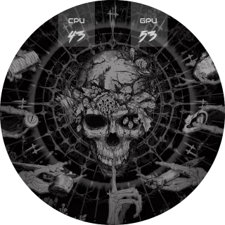 Skull NZXT Kraken LCD screen with an ornate grayscale tattoo style skull surrounded by flowers and two temperature boxes