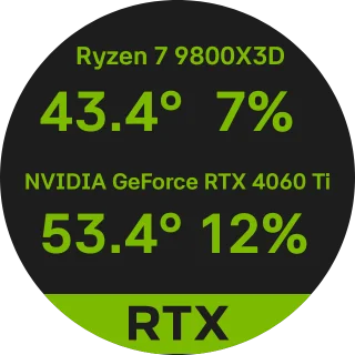 NVIDIA LIKE NZXT Kraken LCD screen with green CPU and GPU model names, temperatures and load and an RTX bar