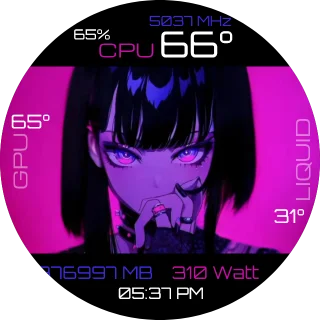 Purple cyberpunk anime girl on a circular NZXT Kraken LCD with neon CPU and GPU temperatures, liquid cooling stats, RAM usage and clock overlays.