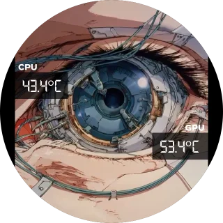 Look NZXT Kraken LCD screen with a cybernetic anime eye and CPU and GPU temperature tags in a squared font