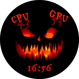 Pumpkin NZXT Kraken LCD GIF screen with a glowing orange jack-o'-lantern face, red CPU and GPU temperatures, and a digital clock