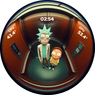 Rick-Elevator NZXT Kraken LCD screen with a fisheye view of Rick and Morty in a red elevator and white temperatures