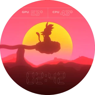 Goku Sunset NZXT Kraken LCD clock screen with Goku on his cloud before a yellow sun and an outlined digital clock