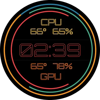 Cyberpunk Neon HUD NZXT Kraken LCD infographic with a central digital clock and neon arc gauges for CPU and GPU temperature and load