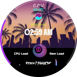 Vice City NZXT Kraken LCD clock screen with a Miami sunset skyline and palms, a large clock and date and liquid tubes