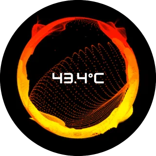 Particle Orb NZXT Kraken LCD GIF screen with a swirling orange and yellow particle ring around a dark sphere and a central CPU temperature