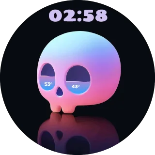 Sweet Skull NZXT Kraken LCD screen with a glossy pink and blue 3D skull whose eyes fill with CPU and GPU temperatures