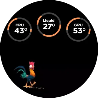 Chick NZXT Kraken LCD screen with three orange temperature ring gauges above a cartoon rooster GIF
