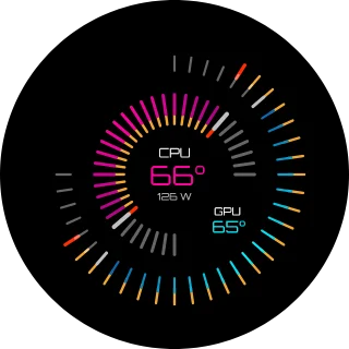 Radial Bars Graphic NZXT Kraken LCD screen with pink and cyan radial bar rings and CPU and GPU temperatures