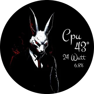 White Rabbit NZXT Kraken LCD screen with a figure in a white rabbit mask on black and script CPU temperature, power and load