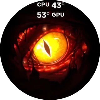 Dragon NZXT Kraken LCD screen with a glowing orange dragon eye and red scales and CPU and GPU temperatures