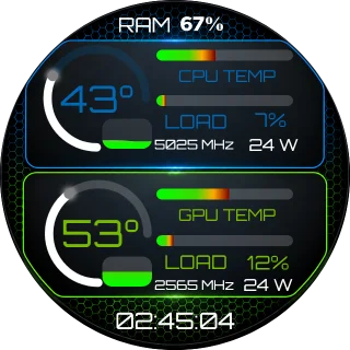 Intel / Nvidia Preset NZXT Kraken LCD infographic showing CPU and GPU temperature gauges, load bars, clock speeds, and RAM usage