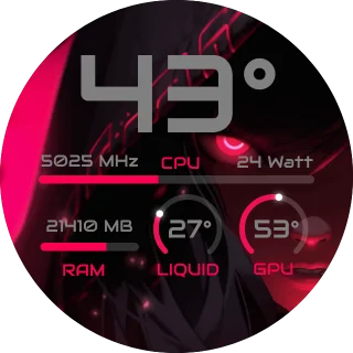 dēmən NZXT Kraken LCD screen with a dark pink anime illustration, a large CPU temperature and RAM and power bars