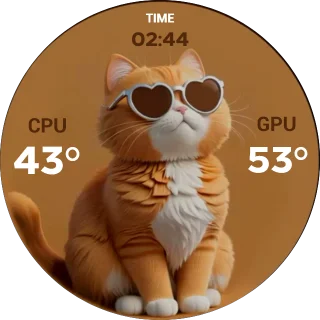 I Like Cat NZXT Kraken LCD screen with a ginger cat in heart sunglasses on orange, CPU and GPU temperatures and a clock