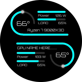 Aurora NZXT Kraken LCD infographic with cyan arc gauges for CPU and GPU temperature, power and load bars and the CPU model name