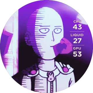 Saitama Sensei NZXT Kraken LCD GIF screen with a blank-faced Saitama in purple and pink and a column of temperatures