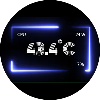Neon CPU NZXT Kraken LCD screen with a flickering blue neon frame and large retro CPU temperature digits