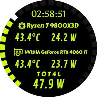 Thunder ⚡ Watt meter NZXT Kraken LCD GIF screen with lime green text, CPU and GPU power readings, and a digital clock