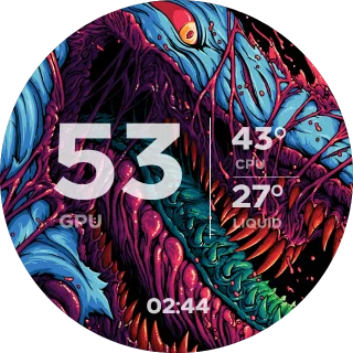 Hyper Beast Edition NZXT Kraken LCD screen with colorful Hyper Beast skin art and white CPU, GPU and liquid temperatures
