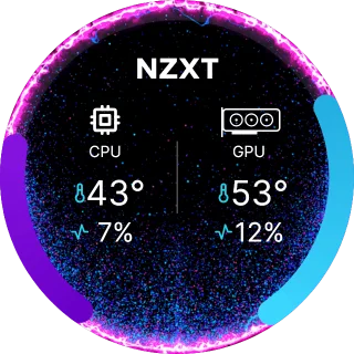 Dual Info Purple NZXT Kraken LCD GIF screen with a starry purple background and CPU and GPU temperature and load gauges