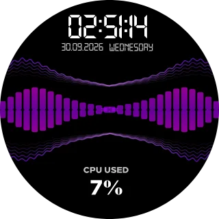 PAudio NZXT Kraken LCD music screen with a purple mirrored bar visualizer, wave lines, clock and date in a purple ring
