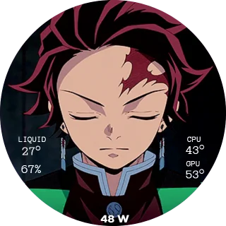 Kamado Tanjiro NZXT Kraken LCD screen with a Demon Slayer Tanjiro GIF portrait and small temperature and power labels