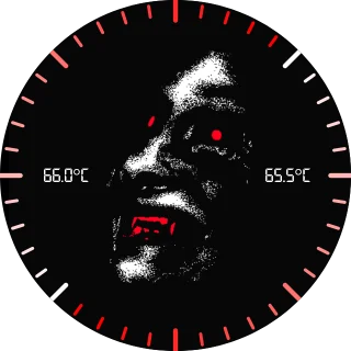 Vampire NZXT Kraken LCD GIF screen with a high-contrast horror portrait and white CPU and GPU temperature readings