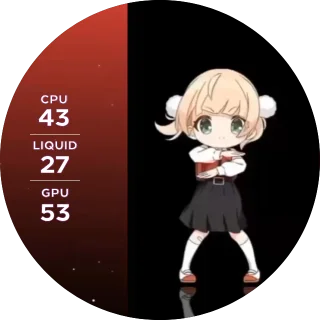 UI-Shigure NZXT Kraken LCD screen with a dancing chibi anime girl on black and a red panel of CPU, GPU and liquid temps