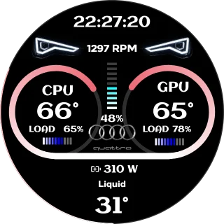 Car Maniaq NZXT Kraken LCD dashboard screen with headlight graphics, CPU and GPU gauges, RAM bar, power and clock