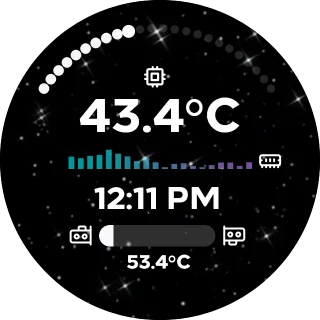 Simple Stars Graphs NZXT Kraken LCD screen with a twinkling starry night sky GIF, CPU temperature arc gauge, digital clock, and RAM usage chart