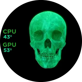 Toxit Skull NZXT Kraken LCD GIF screen with a skull video background and CPU and GPU temperature readings on the left