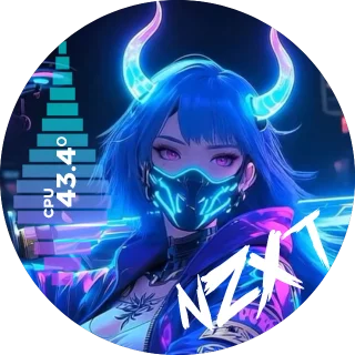 CyberNZXT NZXT Kraken LCD screen with a neon anime character with blue horns, a CPU temperature and an NZXT logo
