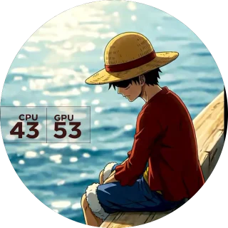 Luffy NZXT Kraken LCD screen with One Piece Luffy in his straw hat on a ship deck and a CPU and GPU temperature panel