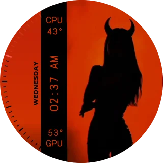 DevilW NZXT Kraken LCD clock screen with a horned silhouette on a red background and a vertical time and temperature strip