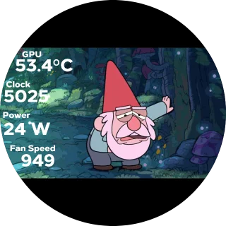 GFall NZXT Kraken LCD GIF screen with a grumpy red-hat gnome in a dark forest and a column of GPU stats