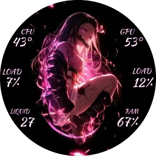 Nezuko NZXT Kraken LCD screen with Demon Slayer Nezuko in glowing pink light and italic CPU and GPU readings