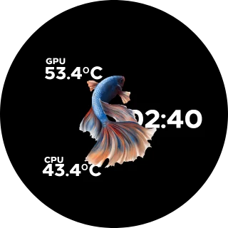 Foreground Fish NZXT Kraken LCD screen with a blue and orange betta fish on black, CPU and GPU temperatures and a clock