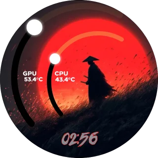 SamuArc NZXT Kraken LCD screen with a samurai silhouette under a red sky and two curved CPU and GPU temperature arcs