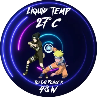 Naruto & Sasuke NZXT Kraken LCD screen with Naruto and Sasuke facing each other inside blue and pink neon rings