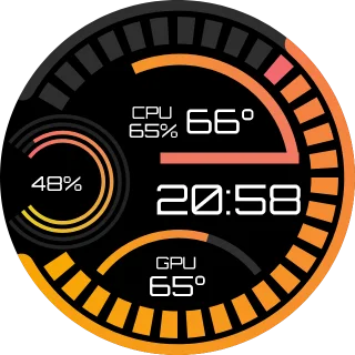 Orange Reactor NZXT Kraken LCD infographic with orange and red arc gauges for CPU temperature, GPU temperature, RAM usage and a central digital clock