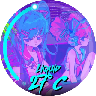 Muse Dash Radio NZXT Kraken LCD screen with two anime girls in a neon purple room, liquid temperature and a cyan arc