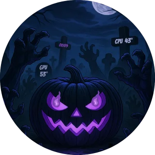 Graveyard NZXT Kraken LCD screen with a purple jack-o'-lantern in a moonlit graveyard, a purple digital clock, and CPU and GPU temperature readings