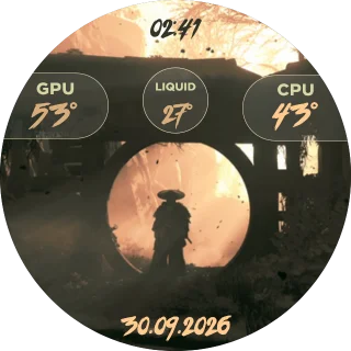 Ghost-Of-T NZXT Kraken LCD GIF screen with a samurai silhouette at sunset and glass CPU, GPU and liquid temperature panels